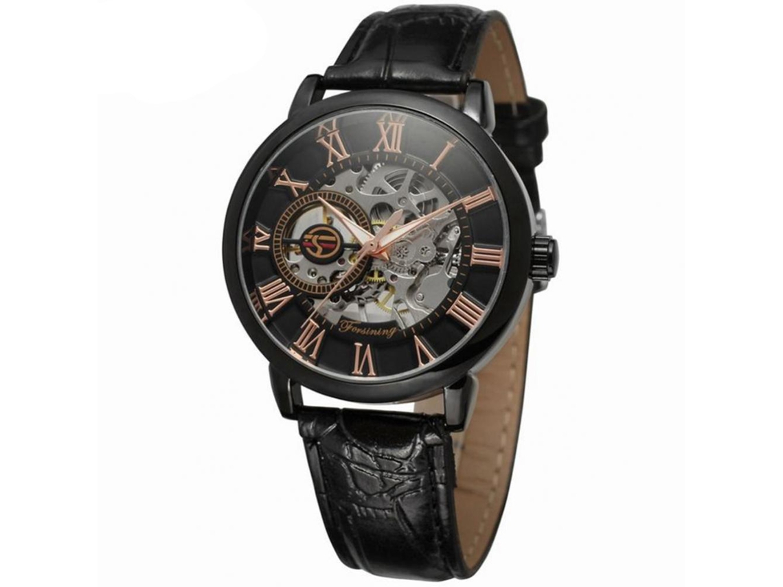 Relógio masculino automático mecânico oco Forsining à prova d'água (mostrador preto com números em ouro rosa)