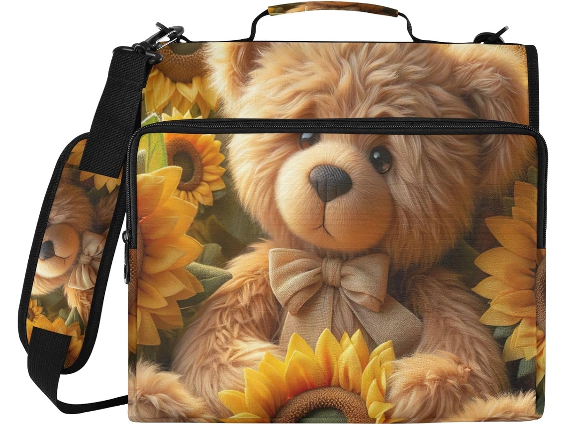 Bolsa Organizadora Fofa Em Formato De Ursinho Pelúcia Com Estampa Girassol, Fechamento Em Zíper E Compartimento