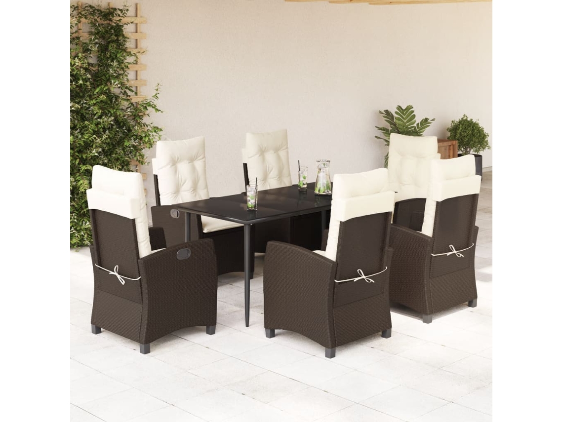 Vidaxl 7 Pcs Conjunto Jantar P/ Jardim C/ Almofadões Vime Pe Castanho