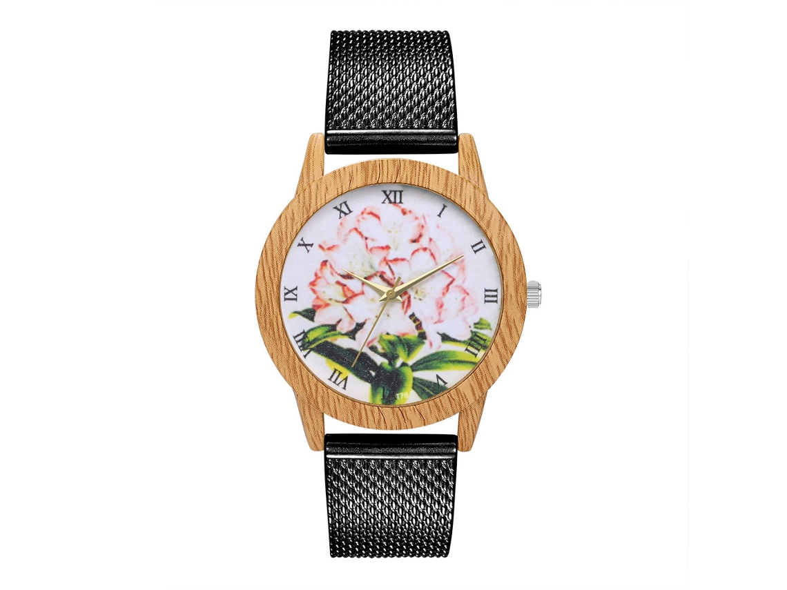 Relógio de pulso analógico de quartzo preto Zhoulianfa para homens e mulheres com pulseira de malha.