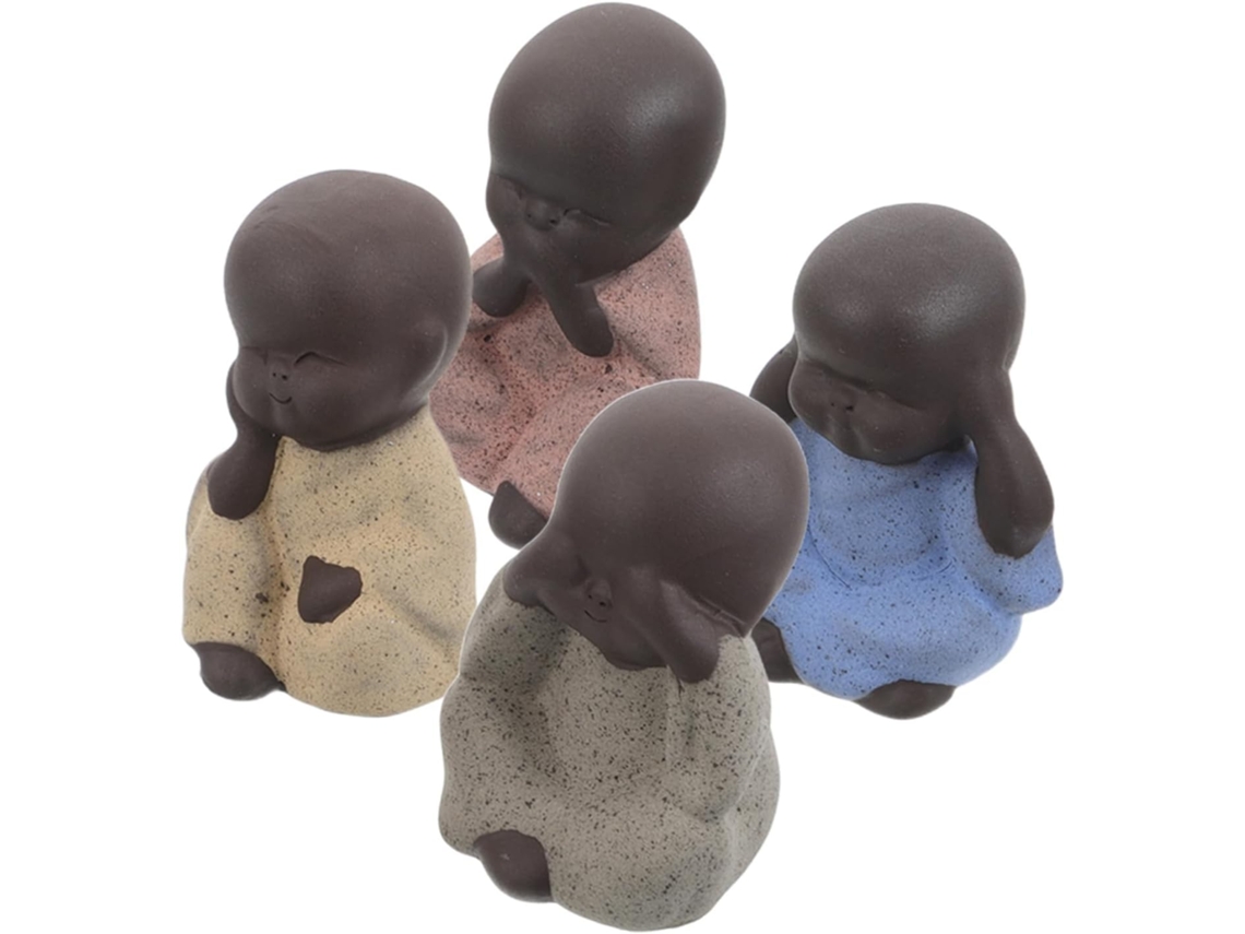 Kit de 4 Estatuetas de Jardim em Cerâmica, Representando Mini Monges na Cor Violeta, Ideais para Decoração de Mesas e CHABERLU