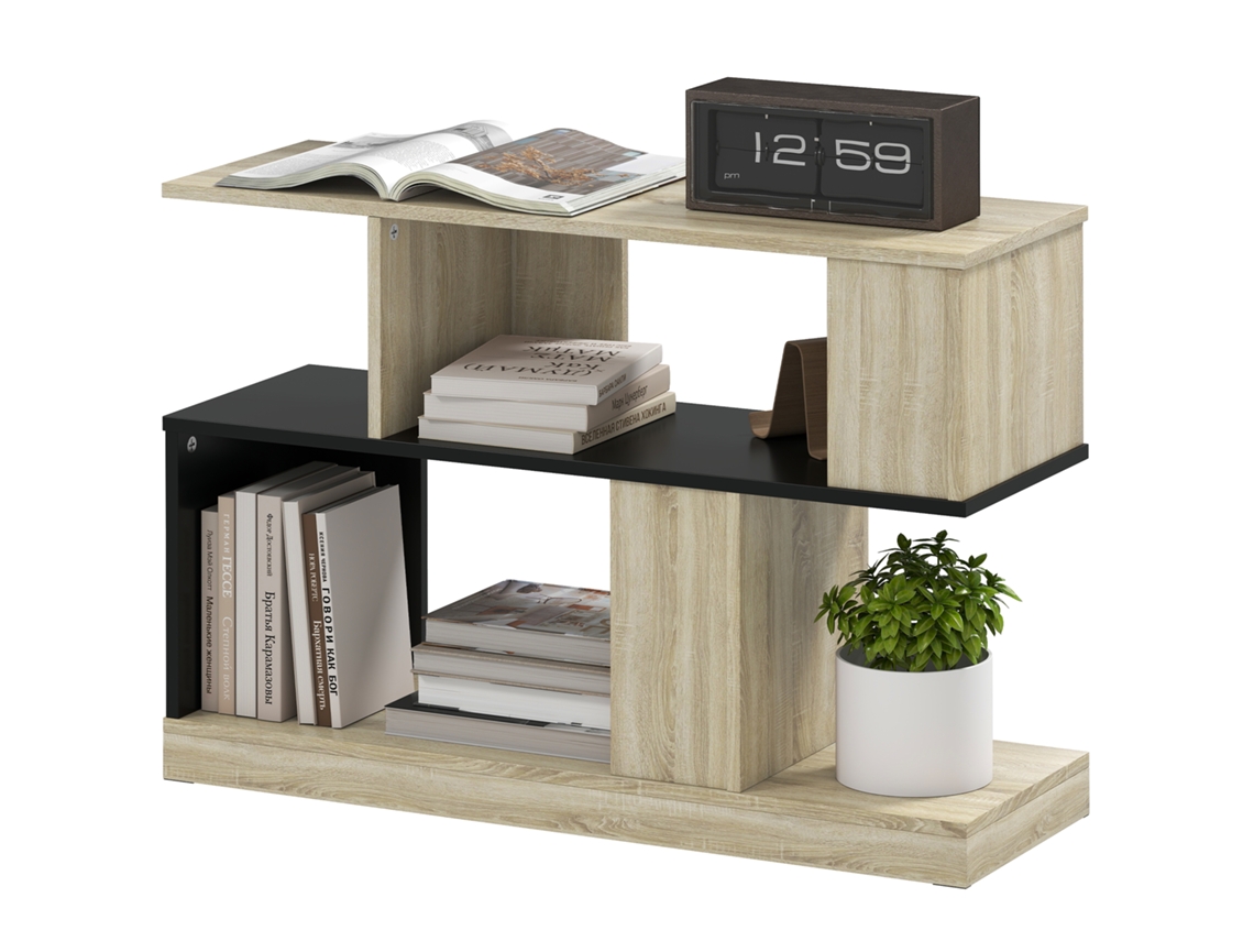Mesa de centro em formato de S, suporte para sofá, 90x30x61cm, efeito madeira natural preta, ORBITRA COMMERCE