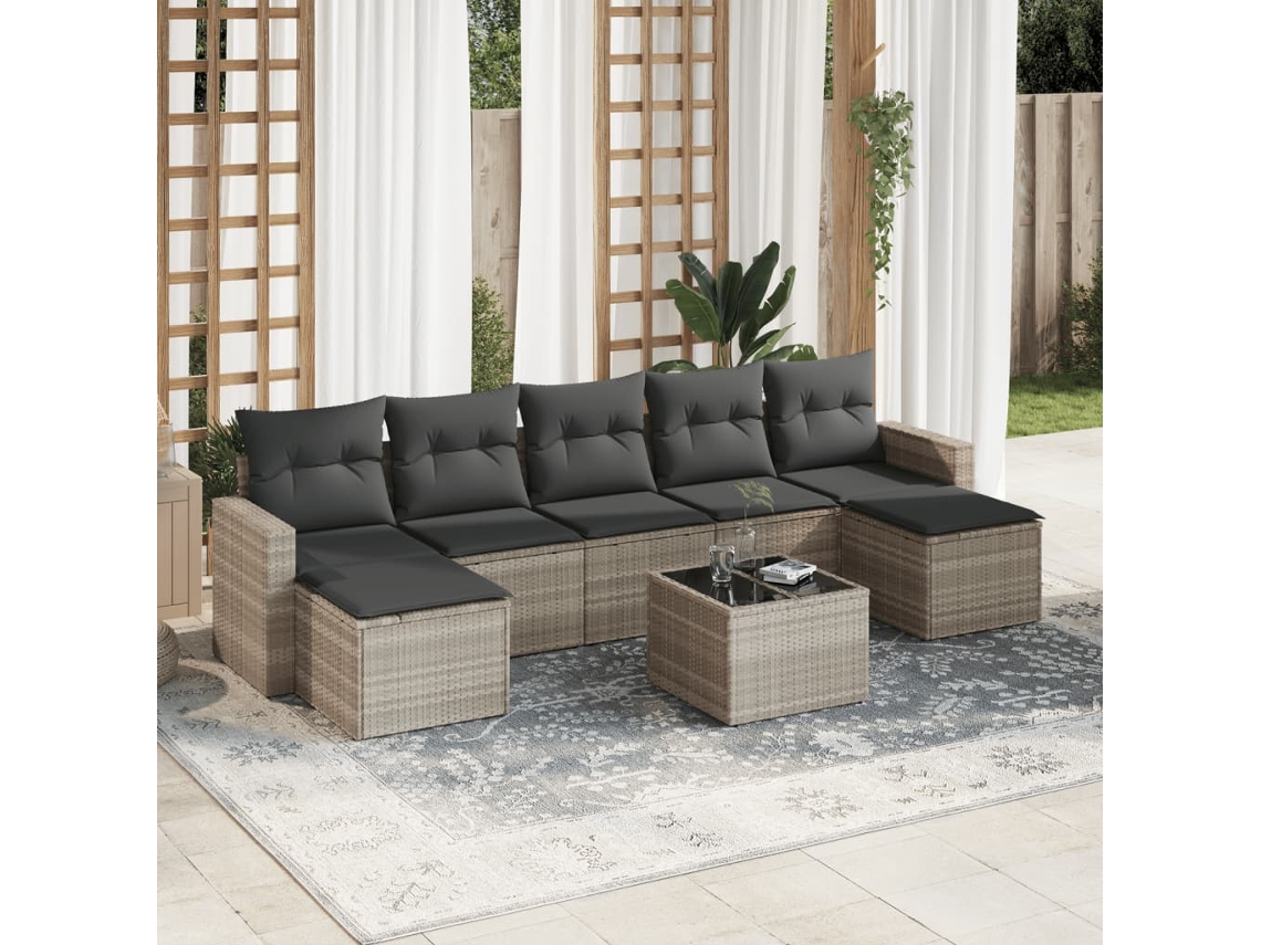 Vidaxl 8 Pcs Conj. Sofás Jardim C/ Almofadões Vime Pe Cinzento-claro