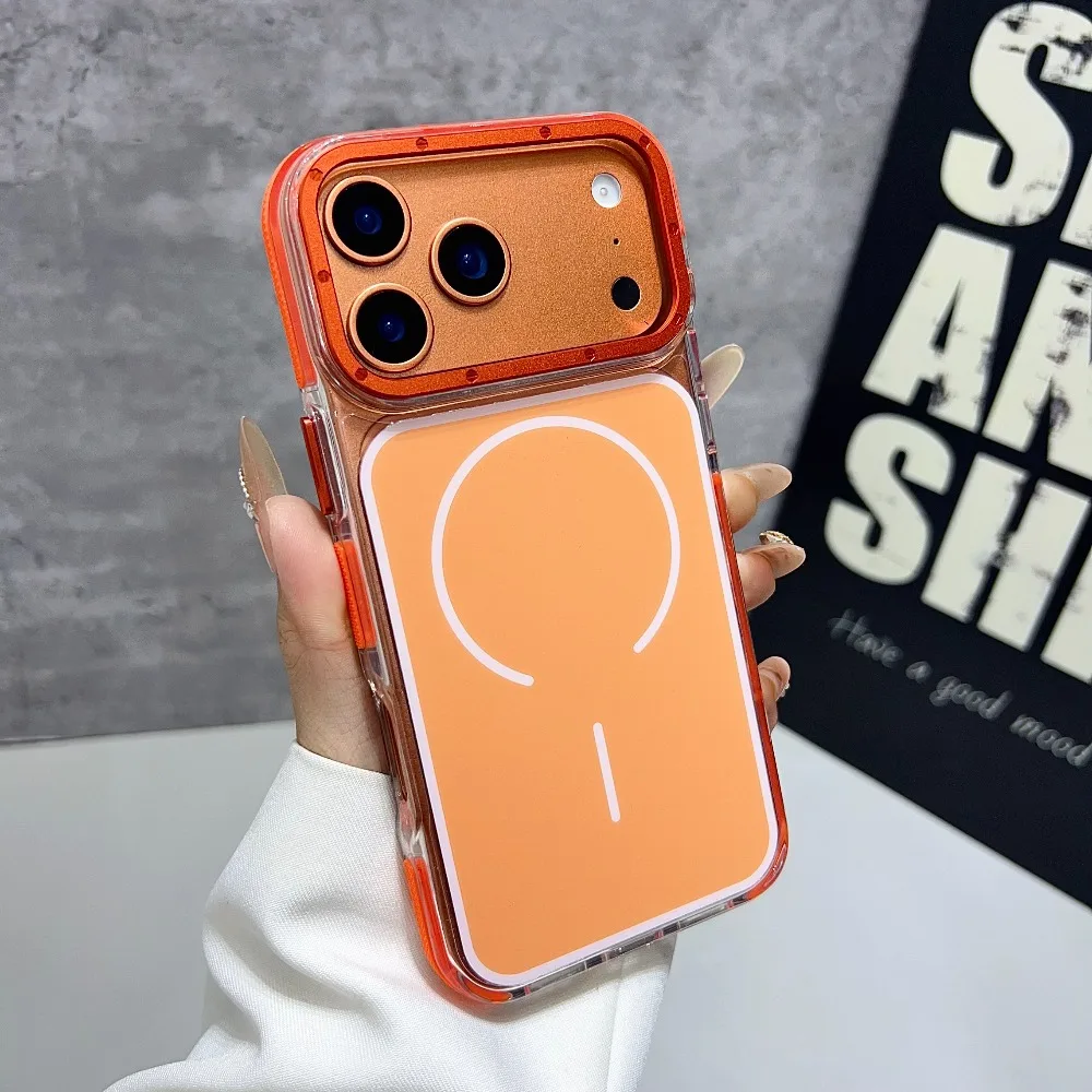 (iphone 16 Pro Max, Laranja) Capa Transparente Com Moldura E Tampa Traseira Magnética Magsafe.