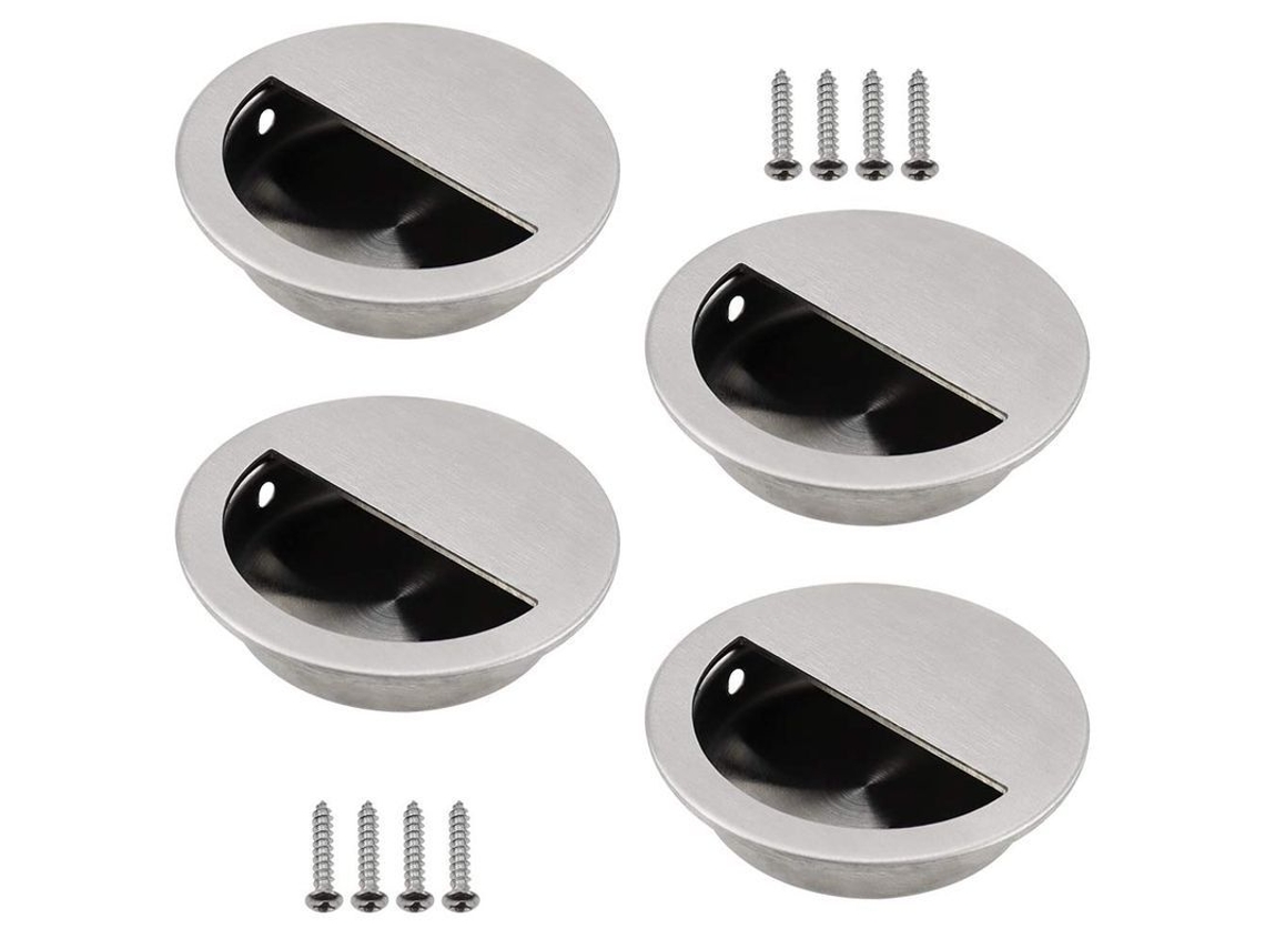 Conjunto De 4 Manoplas Recessadas Aço Inox Prata Redonda Porta Deslizante Ø50mm Furo Semicircular 40x20mm Fácil De Puxar