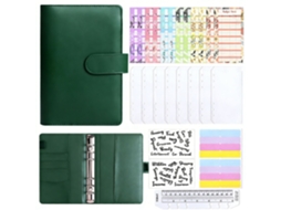 A6 Pu Leather Binder Dark Green Home Budget Planner With 8-zipper Pouches, 12-cash Budget Cards, Label Stickers