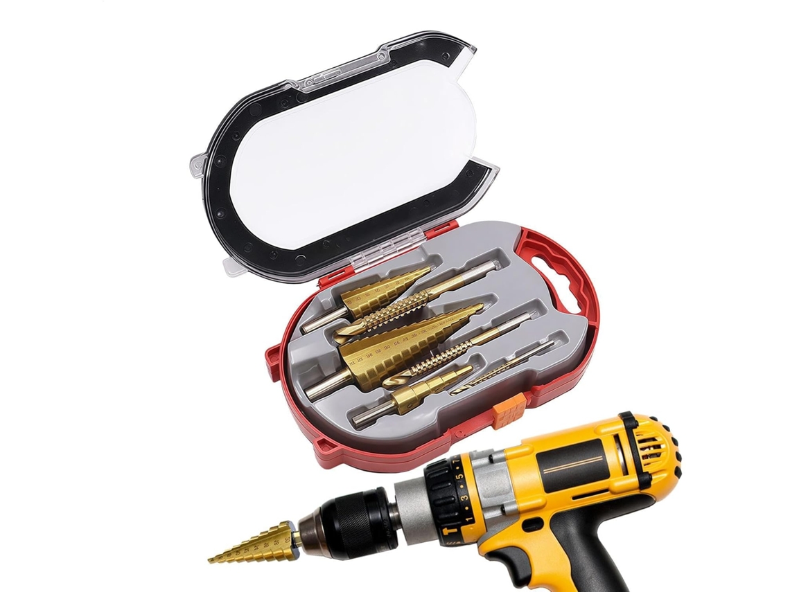 Conjunto Portátil De Brocas Escalonadas Com Revestimento De Titânio E Construção Compacta Em Liga De Alumínio Serrilhada.