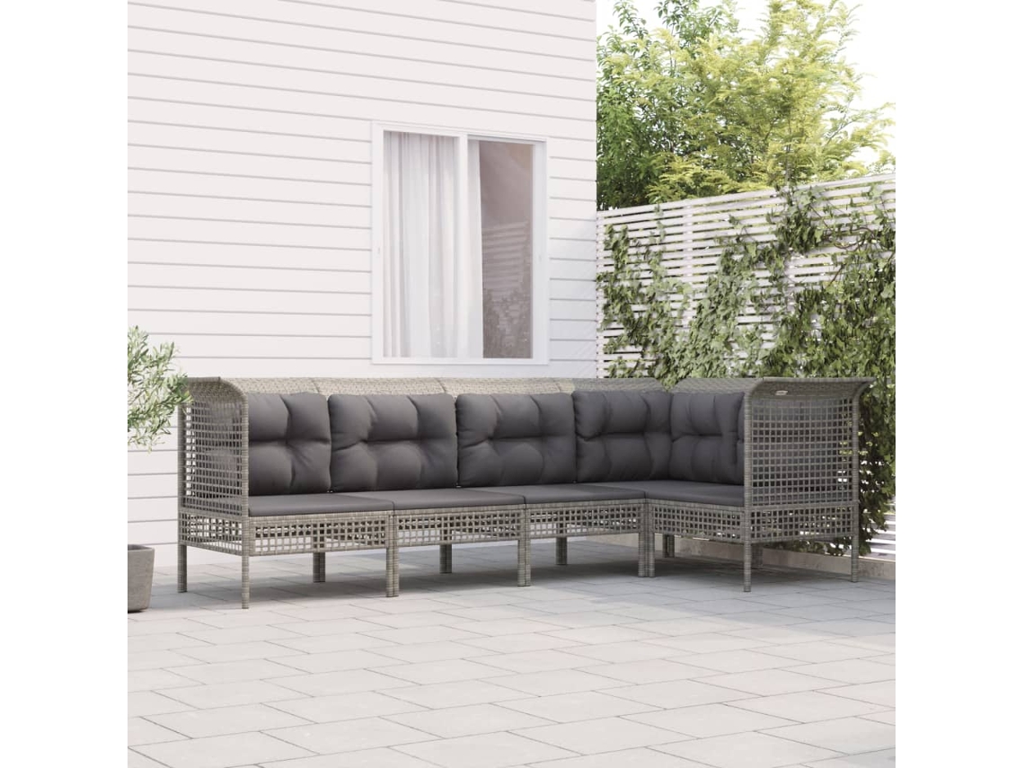 5 Pcs Conjunto Lounge De Jardim C/ Almofadões Vime Pe Cinza Dkd Home Decor