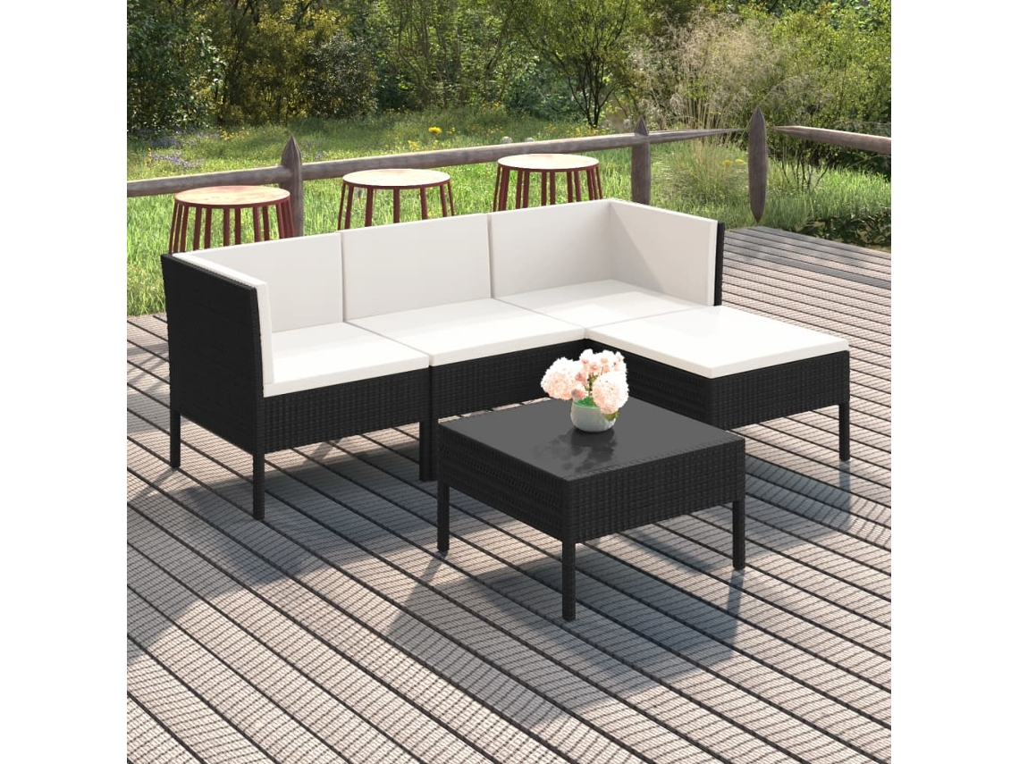 Conjunto 5 Peças Lounge De Jardim C/ Almofadões Vime Pe Preto Dkd Home Decor