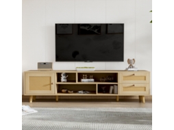 Móvel Para Tv 160 Cm Em Rattan Cor De Madeira Gestão De Cabos, 2 Gavetas, 1 Porta Para Televisores Até 70 Polegadas Estilo