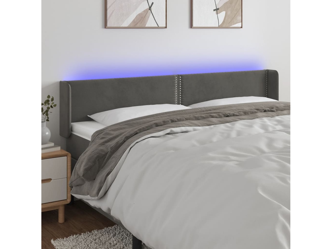 Vidaxl Cabeceira Cama C/ Luzes Led Veludo 183x16x78/88cm Cinza-escuro
