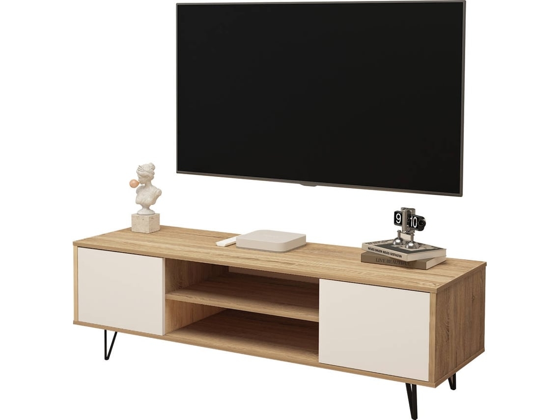 Móvel TV com arrumação e acabamento branco e carvalho (Outlet Grade A - 140x40x50cm)