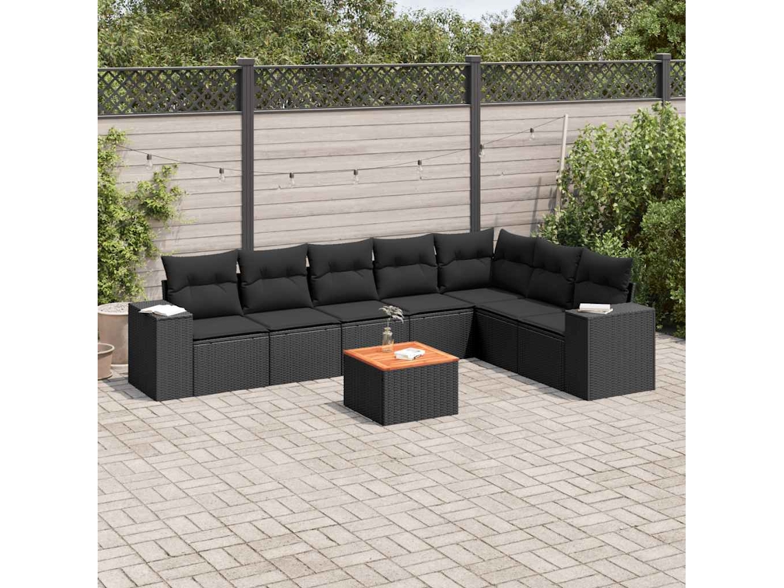 Vidaxl 8 Pcs Conjunto Sofás De Jardim Com Almofadões Vime Pe Preto