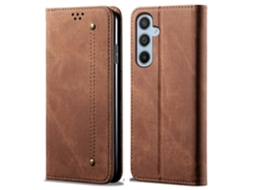 Compre Capa Carteira Flip De Couro Para Samsung Galaxy S24 Fe, Capa Jeans Com Textura De Tecido E Café