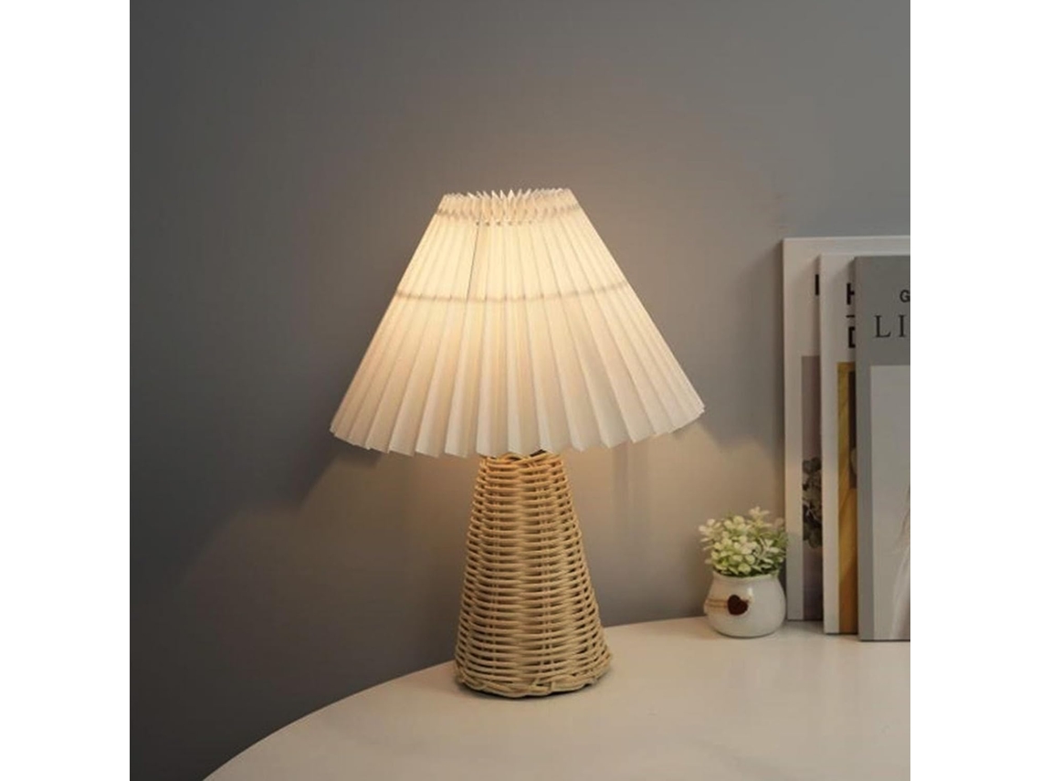 Abajur de mesa vintage com cúpula plissada e base de rattan, pequeno abajur para cabeceira, luminária de mesa com tecido liso.