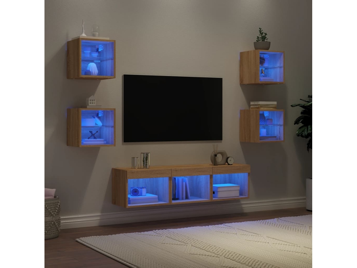 Vidaxl 7pcs Móveis Parede P/ Tv C/ Leds Deriv. Madeira Carvalho Sonoma