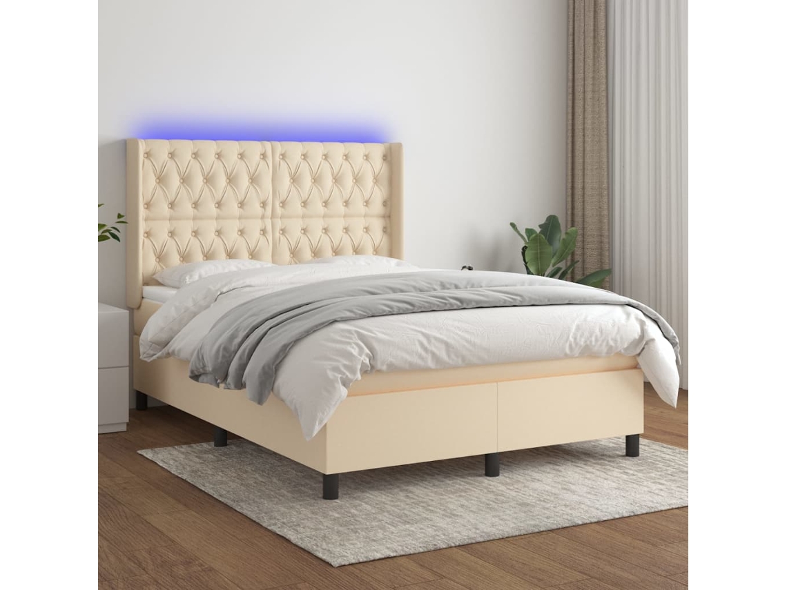 Vidaxl Cama Box Spring C/ Colchão E Led 140x190 Cm Tecido Cor Creme