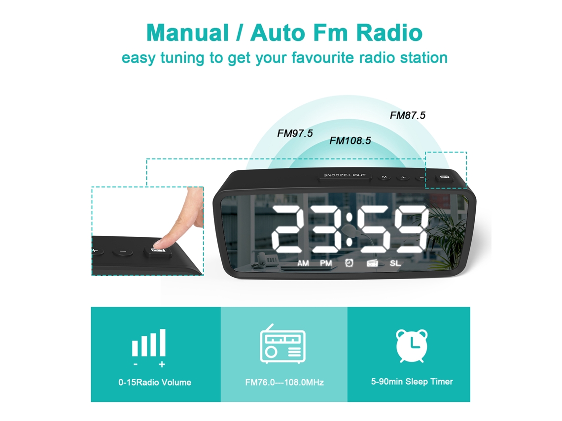 Despertador digital Baok de 5,1 polegadas com rádio FM, espelho, 3 níveis de brilho, modo escuro e função de descanso para o quarto.
