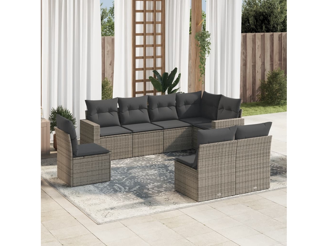 Vidaxl 8 Pcs Conjunto Sofás De Jardim C/ Almofadões Vime Pe Cinzento