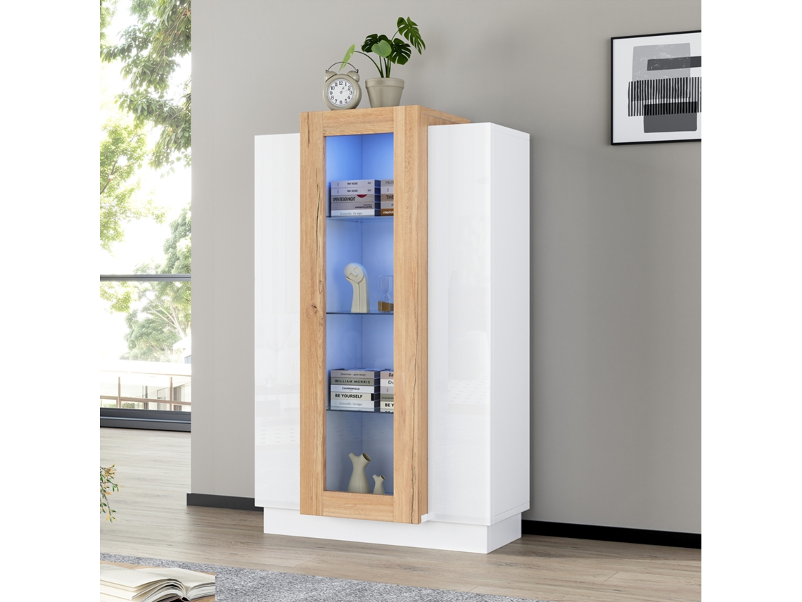 Móvel De Sala 74x40x120 Cm - Vitrine Com 3 Portas, Led, Prateleira De Vidro E Gaveta - Alto Brilho