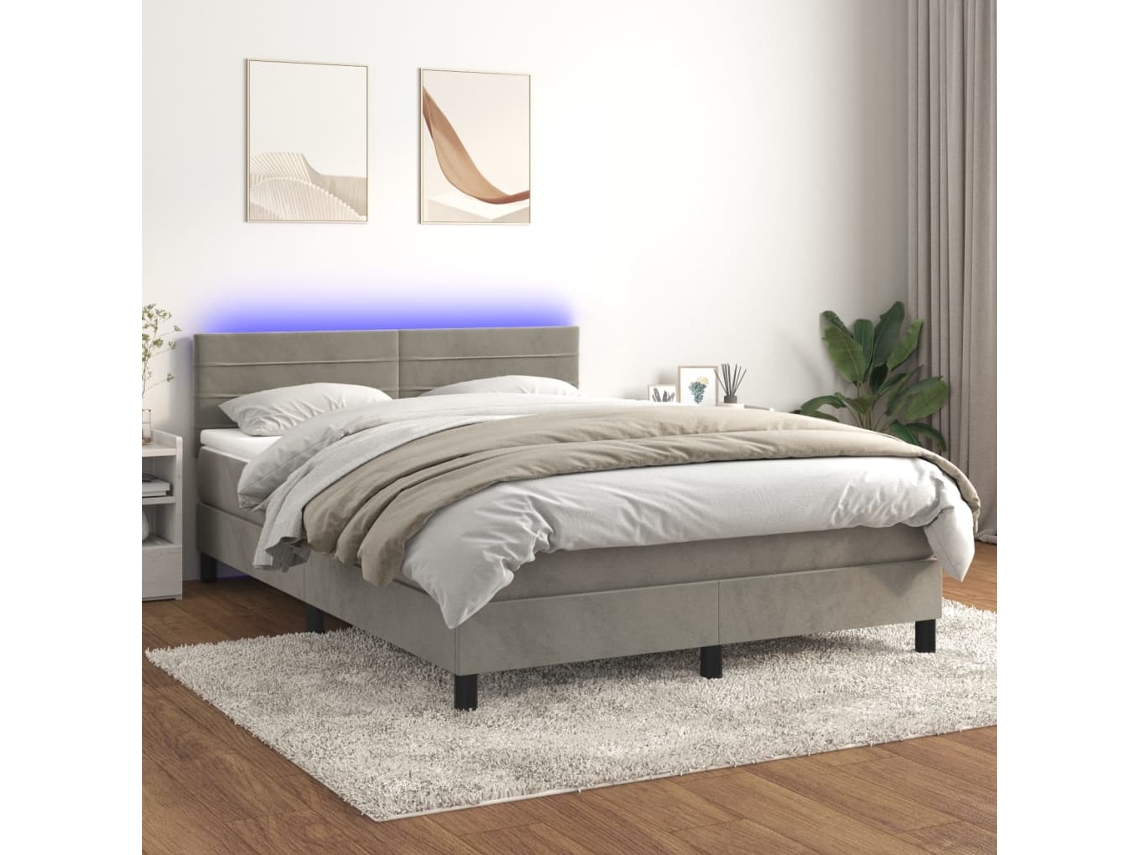 Cama Box Spring C/ Colchão/led 140x200 Cm Veludo Cinzento-claro