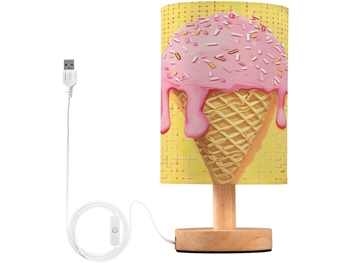 Luminária De Cabeceira Skyshu Em Formato Casquinha Sorvete, Pequena Luminária De Mesa Led Usb Com Base Madeira