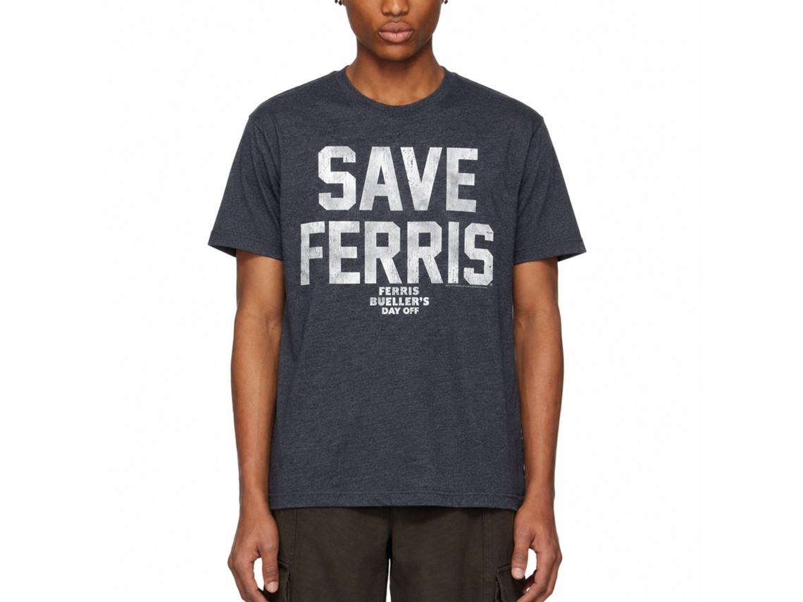 Rockinstone Ferris Bueller's Day Off Save Ferris White Ink Heather Navy Adult T-shirt Size:xxl