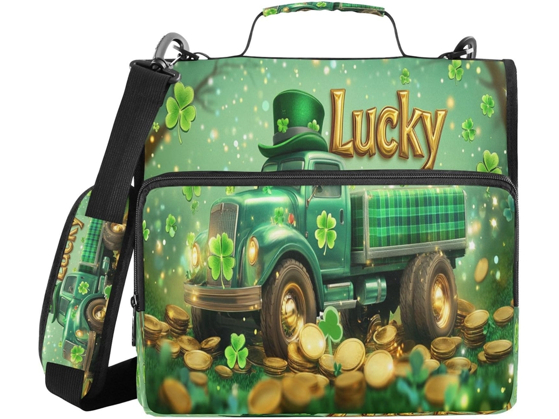 Bolsa Organizadora Documentos Com Estampa Quadriculada De Caminhão, Trevos, Moedas De Ouro, Fundo Verde, Argolas De