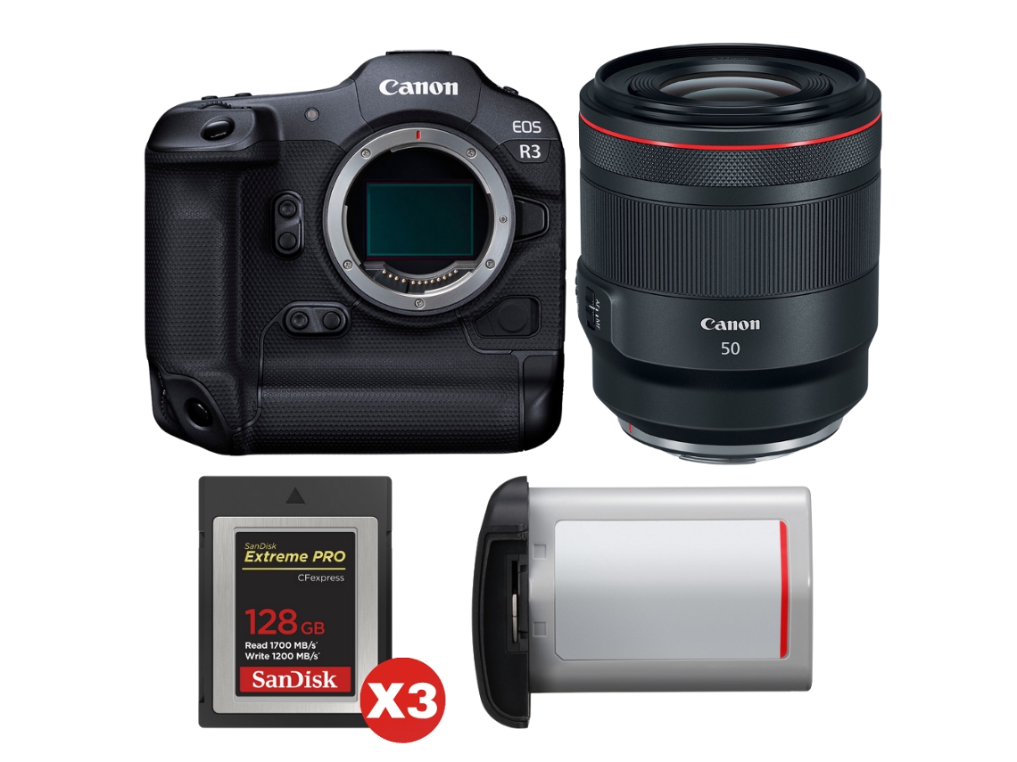 Eos R3 + Rf 50mm F/1.2 L Usm + 3 Sandisk 128gb Extreme Pro Cfexpress Type B + Canon Lp e19 + Ebook “20 Dicas para Fotos Que Impressionam” CANON