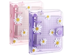 2 Conjuntos De Mini Fichário 3 Argolas Com Estampa Margaridas, Capas Protetoras Transparentes Em Pvc, Folhas Soltas No