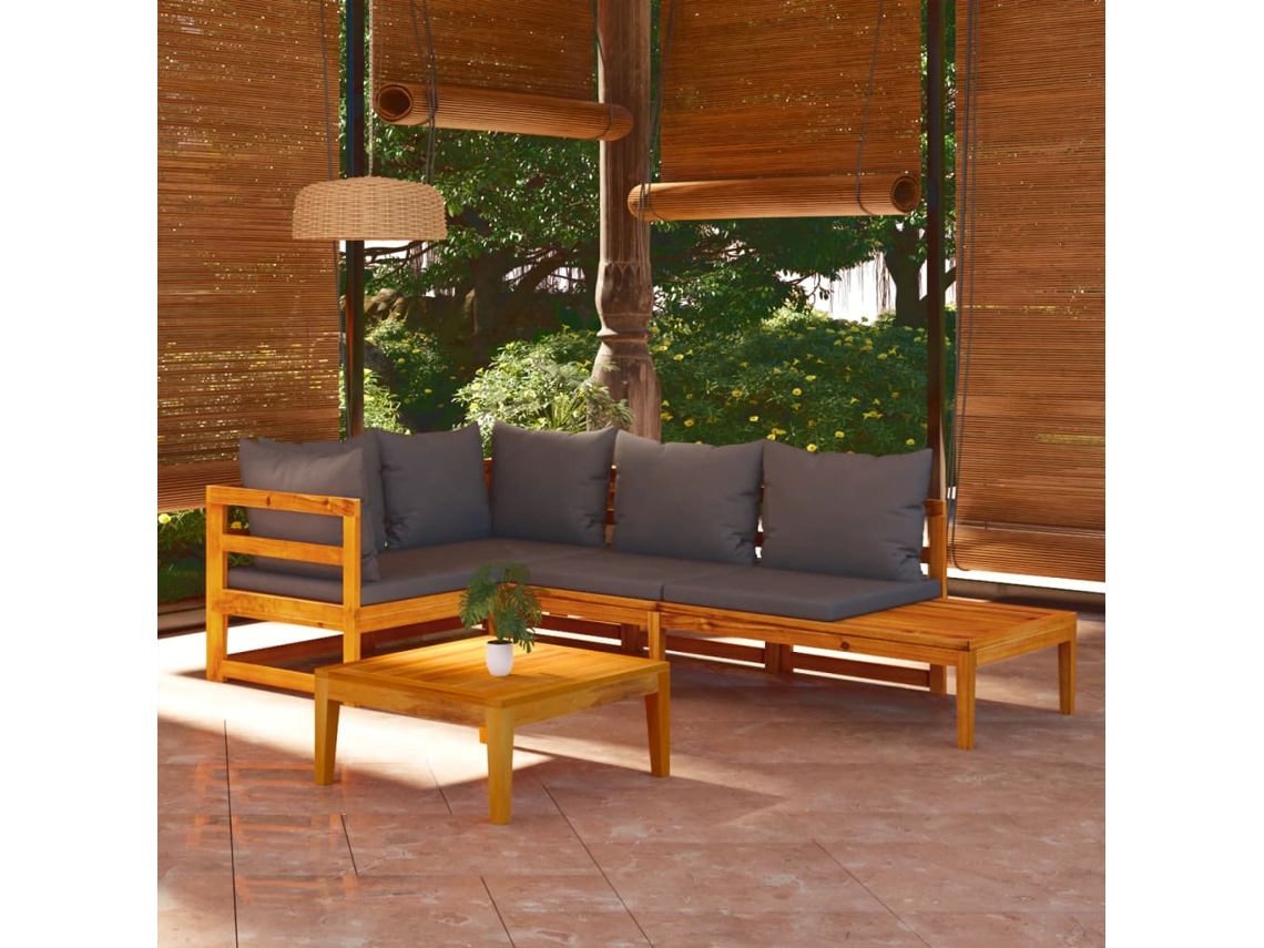 Conjunto 4 Peças Lounge De Jardim C/ Almofadões Cinza Escuro Acacia Dkd Home Decor
