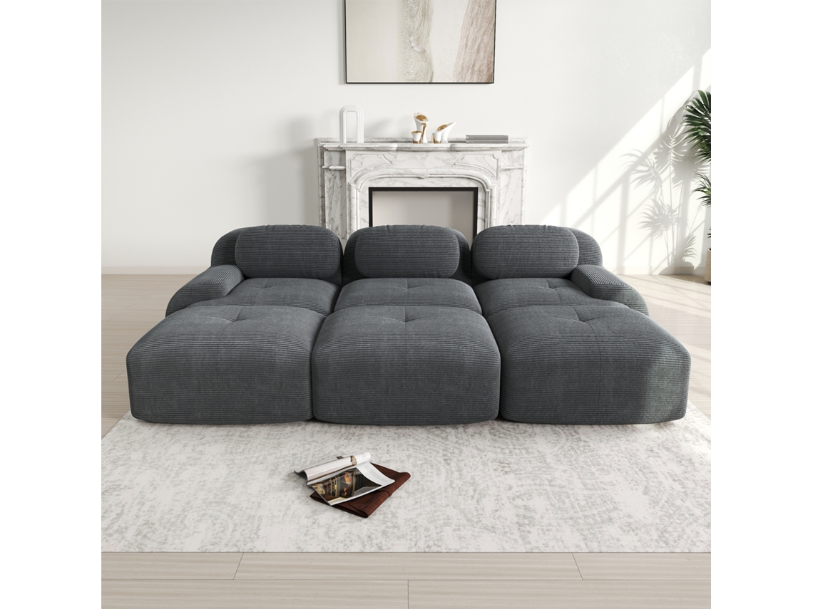 Sofá Modular Cinza 3l + 3 Banquinhos, Veludo Cotelê, Sem Estrutura, Pet-friendly, 32d.-kd