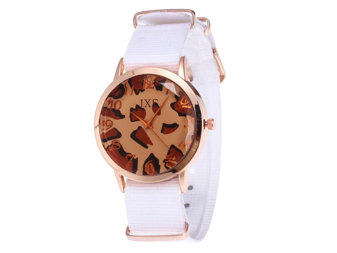 Relógio de Pulso Feminino Zhoulianfa Estampado Leopardo Pulseira de Náilon Quartzo Branco