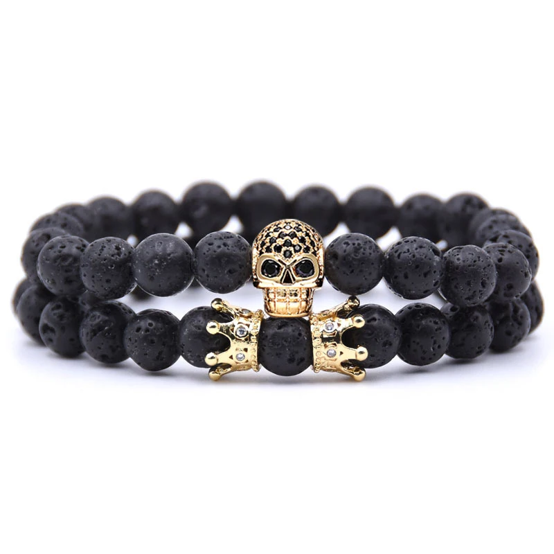 Pulseira De Casal Com Coroa De Caveira Dourada, Pulseira De Contas Para Homens E Mulheres.