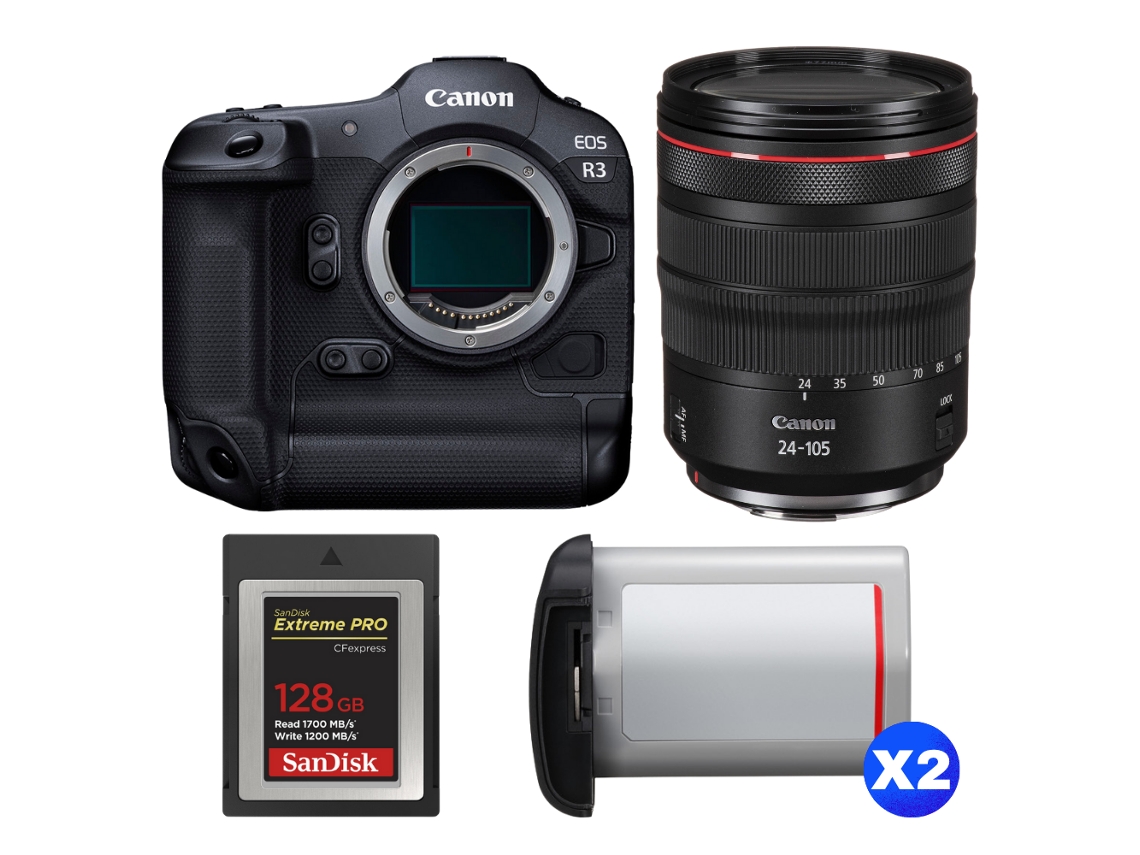 Eos R3 + Rf 24 105mm F/4 L Is Usm + 1 Sandisk 128gb Extreme Pro Cfexpress Type B + 2 Canon Lp e19 + Ebook “20 Dicas para Fotos Que Impressionam” CANON