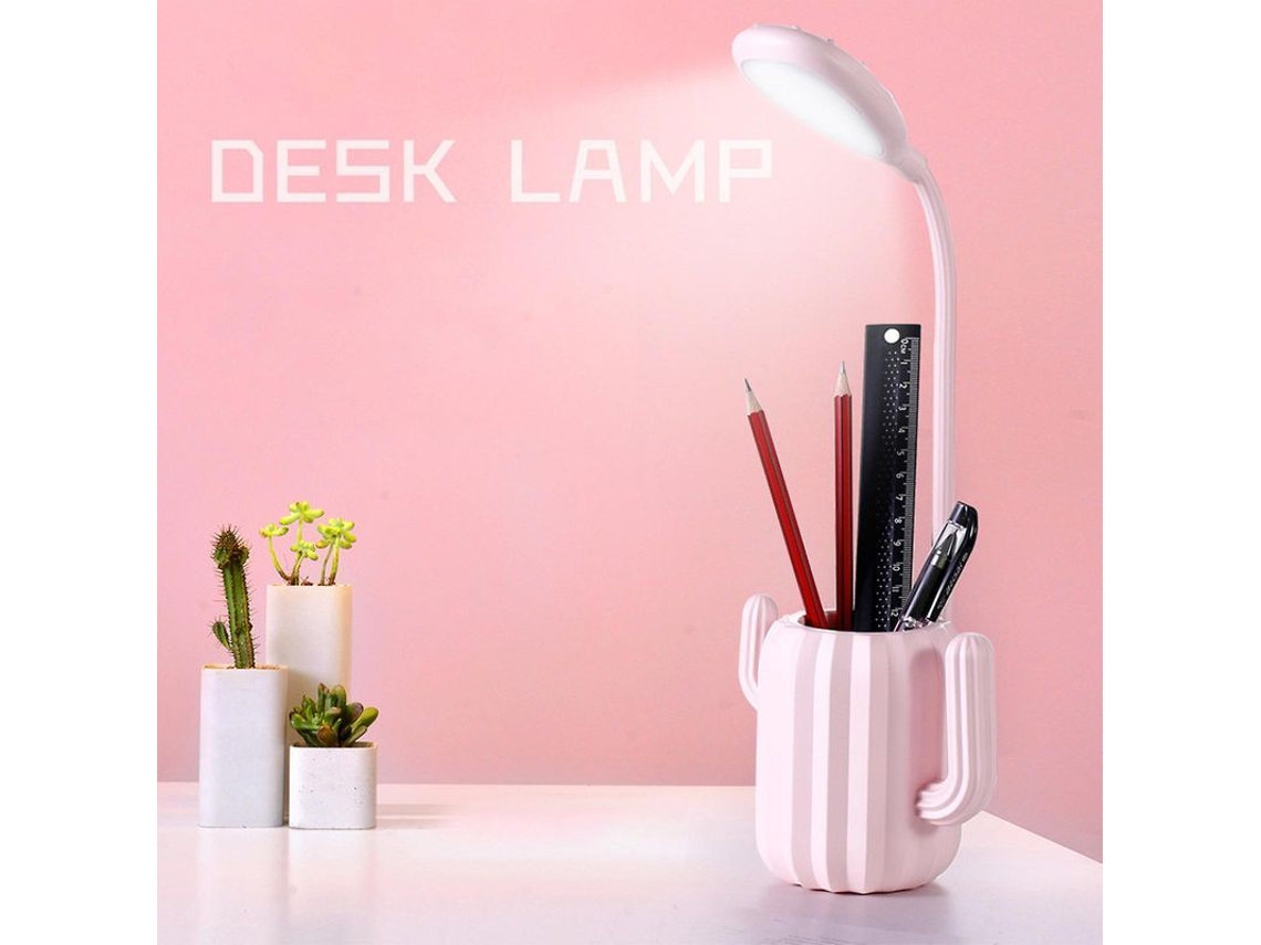 Lâmpada De Mesa Para Estudo Com Apoio Para Canetas Cactus Led Luz Natural Protetora Dos Olhos Recarregável Rosa