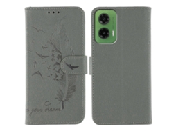 Capa Tipo Carteira De Couro Sintético Com Estampa De Penas Para Motorola Moto G35 5g, Cinza