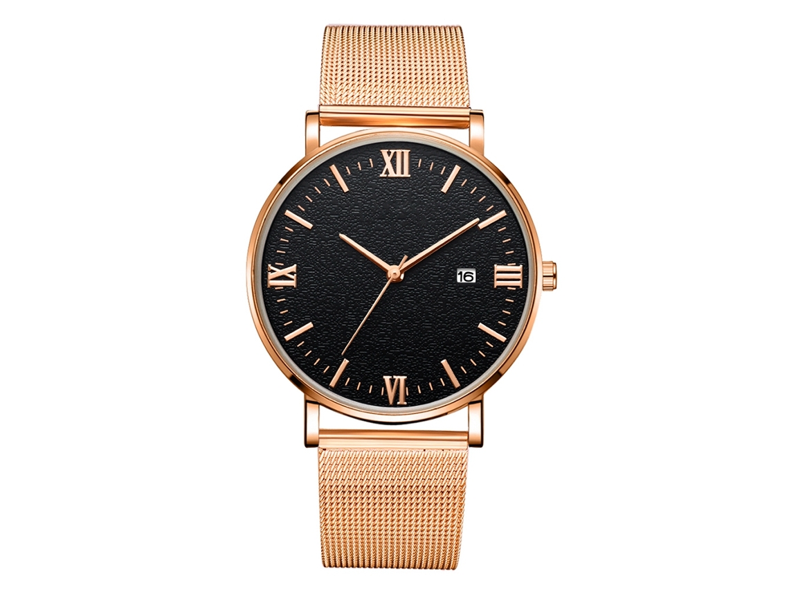 Reloj De Pulsera Mecánico De Quartzo (correa Oro Rosa Caja Oro Rosa Manecillas Oro Rosa Esfera Negra)