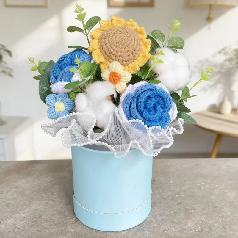 (azul) Fronha Feita À Mão Em Crochê Com Buquê De Rosas E Girassóis, Presente Para O Dia Dos Namorados