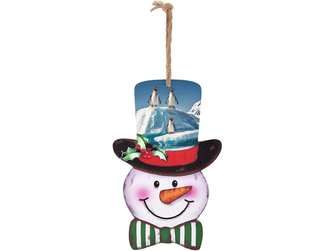 Enfeite De Natal De Madeira Com Boneco De Neve E Pinguins Em Um