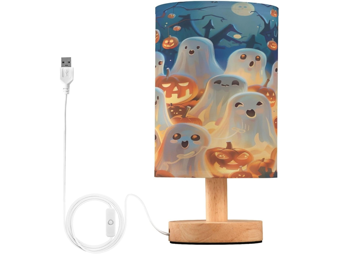 Luminária De Cabeceira Fofa Halloween Da Skyshu Pequena Mesa Led Usb Com Base Madeira Antiderrapante E Cúpula Que Não