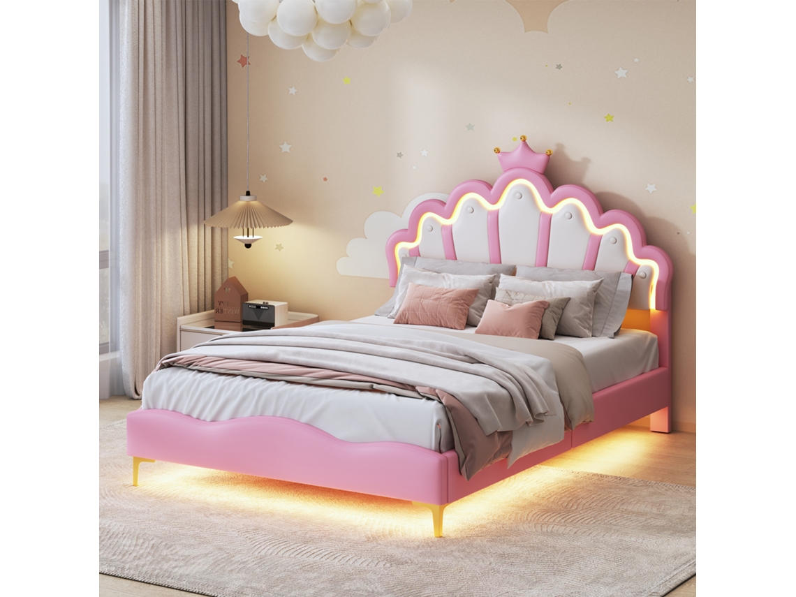 Cama infantil estofada 140x200cm em formato de coroa com cabeceira ajustável, LED e couro rosa INONEFT
