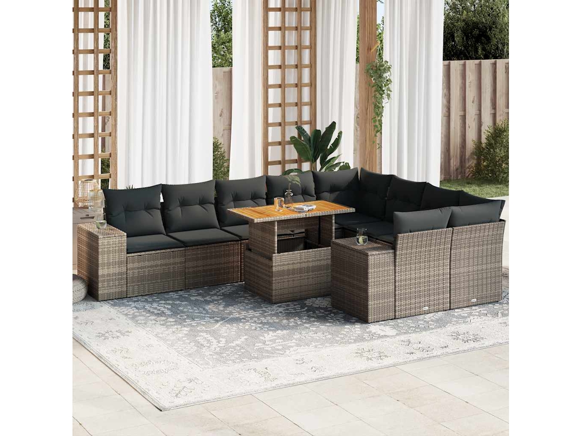 Vidaxl 10 Pcs Conjunto Sofás Jardim Almofadões Vime Pe/acácia Cinzento