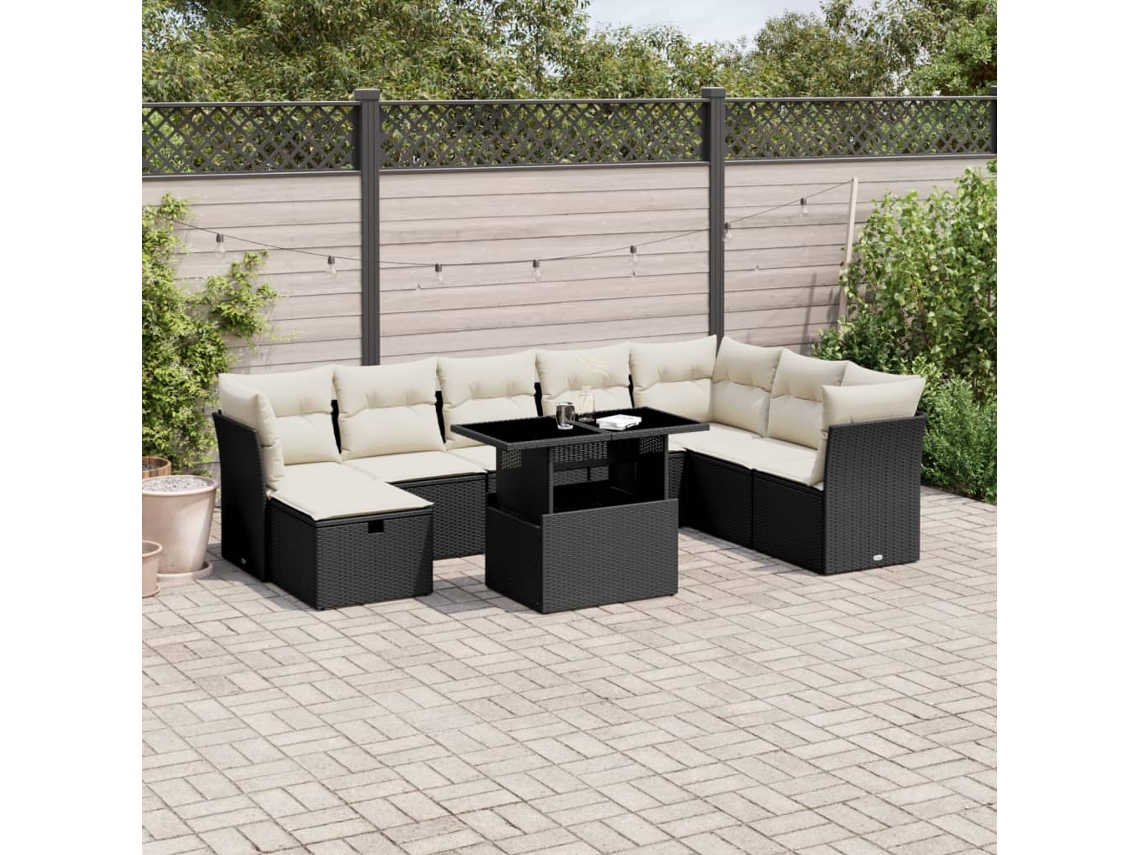 Vidaxl 9 Pcs Conjunto De Sofás P/ Jardim C/ Almofadões Vime Pe Preto