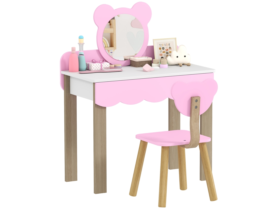 Conjunto de penteadeira com banquinho, espelho de maquiagem, formato de urso, gaveta, MDF, Rosa | S/MARCA