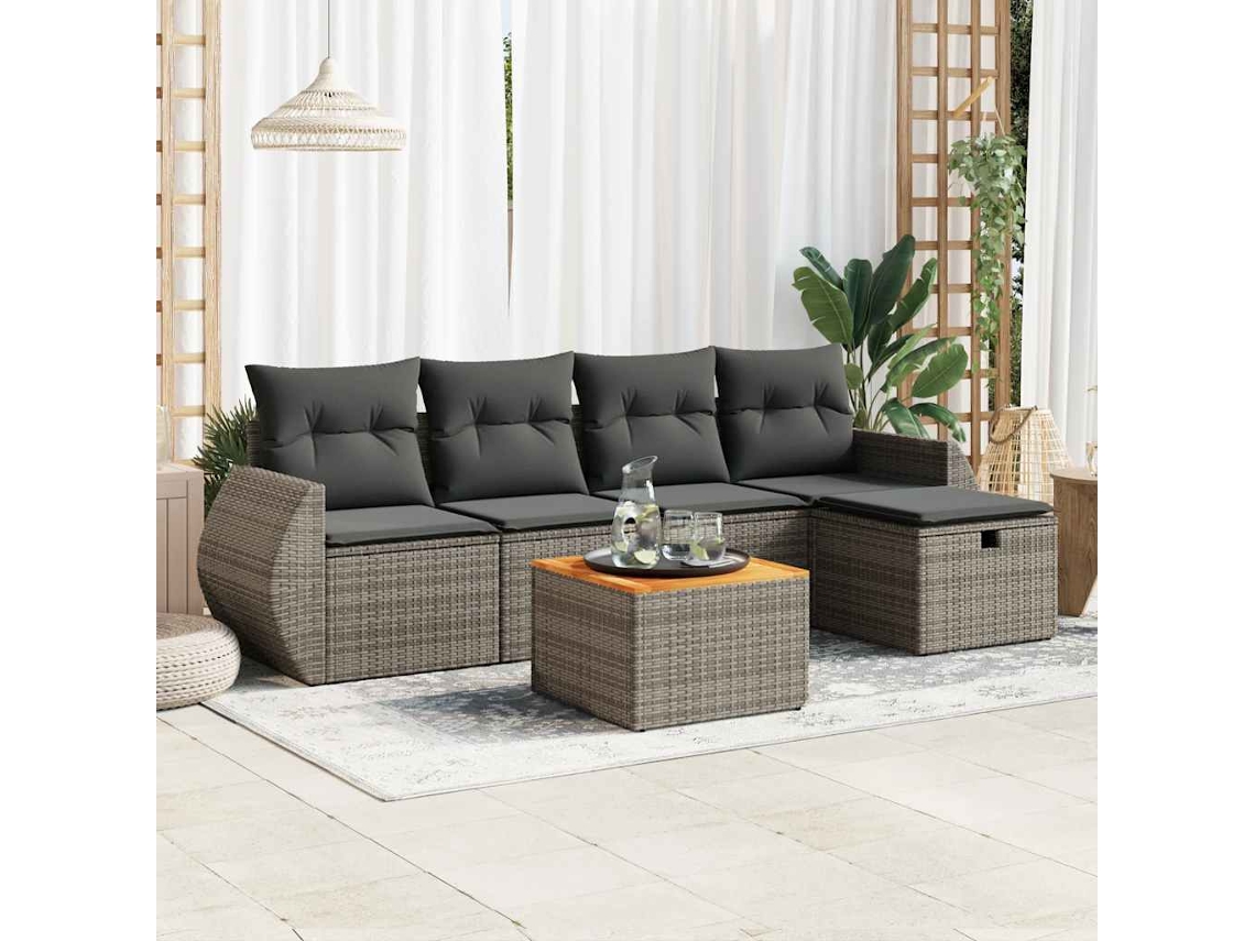 Vidaxl 6 Pcs Conjunto Sofás De Jardim Com Almofadões Vime Cinzento