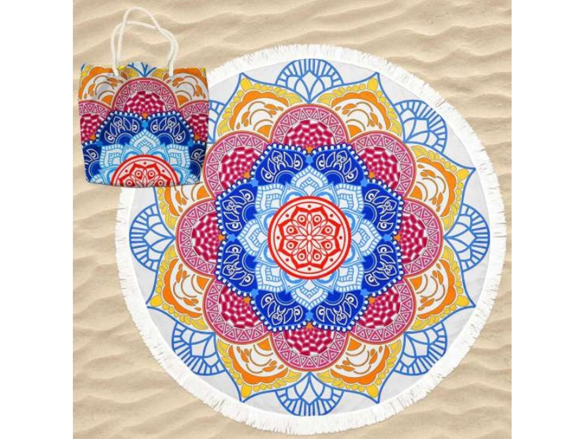 Toalha De Praia Microfibra Redonda Mandala Lótus Com Saco