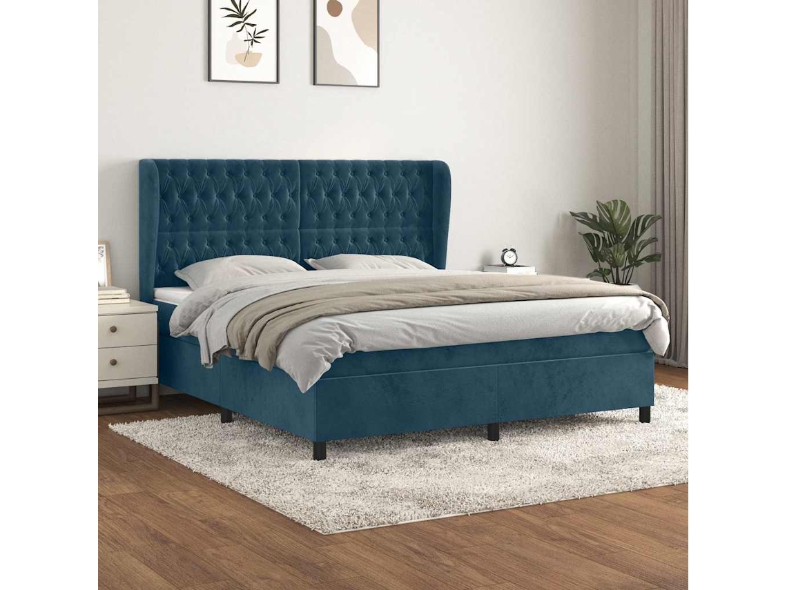 Vidaxl Cama Com Molas/colchão 160x200 Cm Veludo Azul-escuro