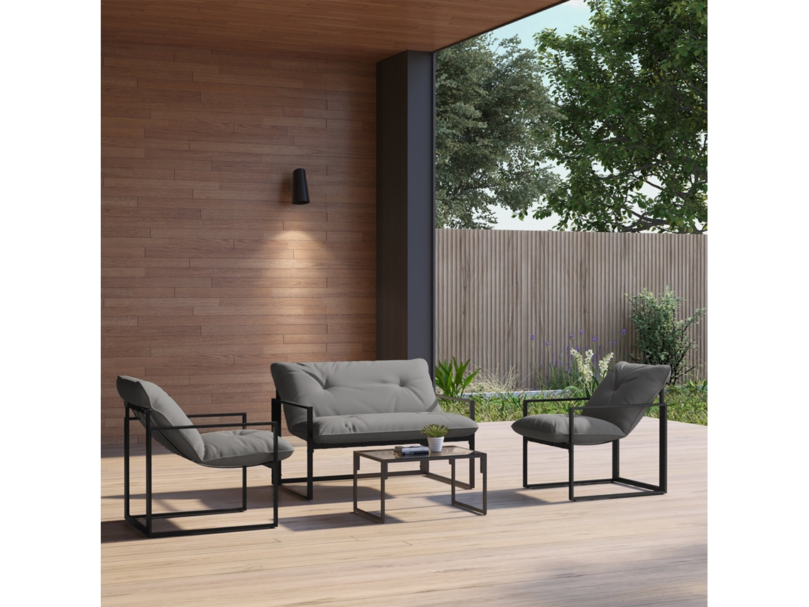 Conjunto De Jardim 4 Peças: Sofá Duplo, 2 Poltronas E Mesa Lateral Em Aço, Poliéster, Algodão Pp, Preto E Cinza -br