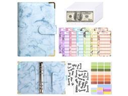 A6 Macaron Marble Grain Pu Leather Ring Binder Notebook Budget Planner With Corner Protector, Blue, Includes 8-zipper